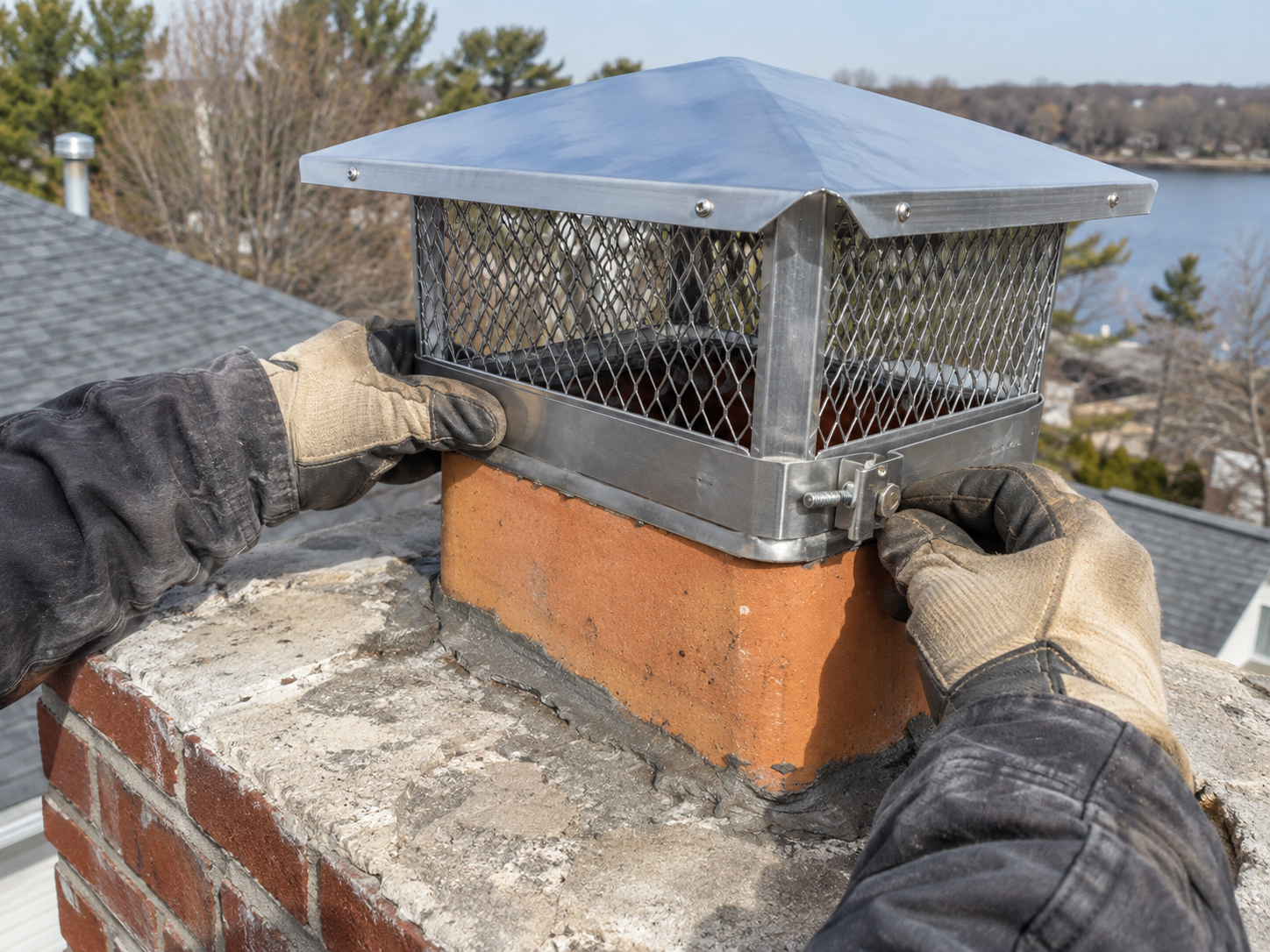 Gloved hands tightening a stainless steel chimney cap onto a clay flue tile