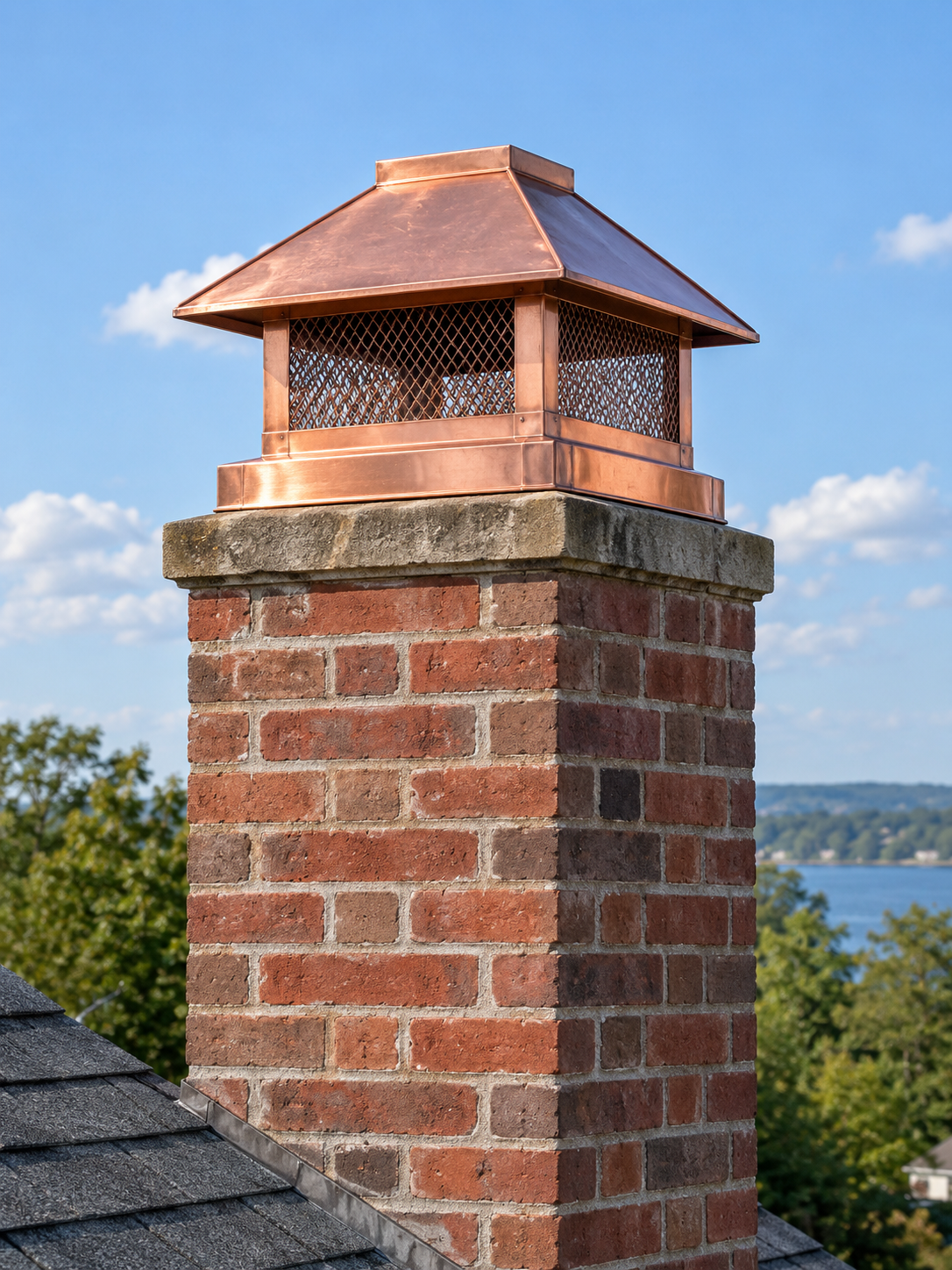 Copper chimney cap with mesh sides mounted on a red brick chimney against a blue sky