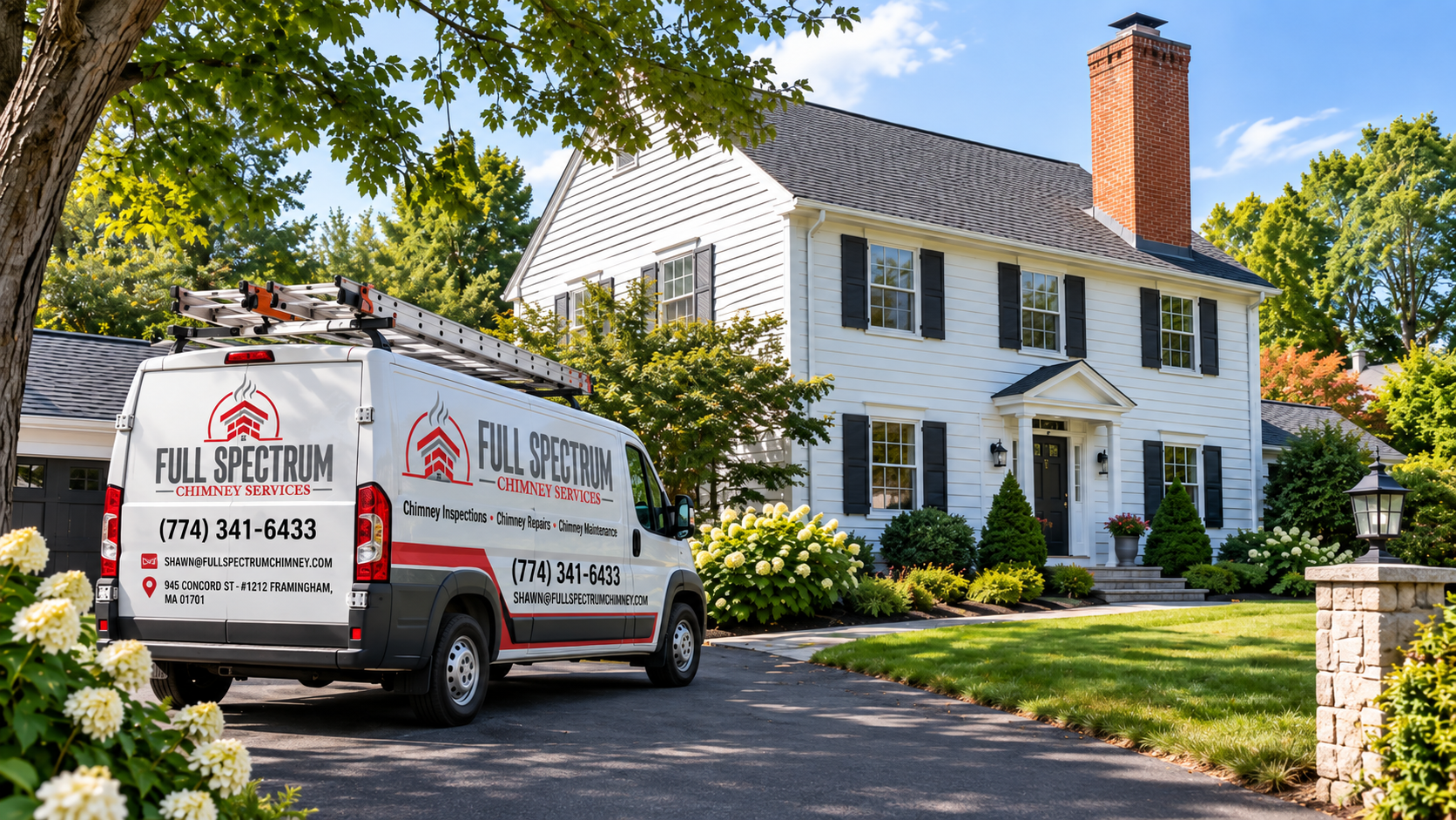 Full Spectrum Chimney Services van parked in front of a white colonial home with a brick chimney