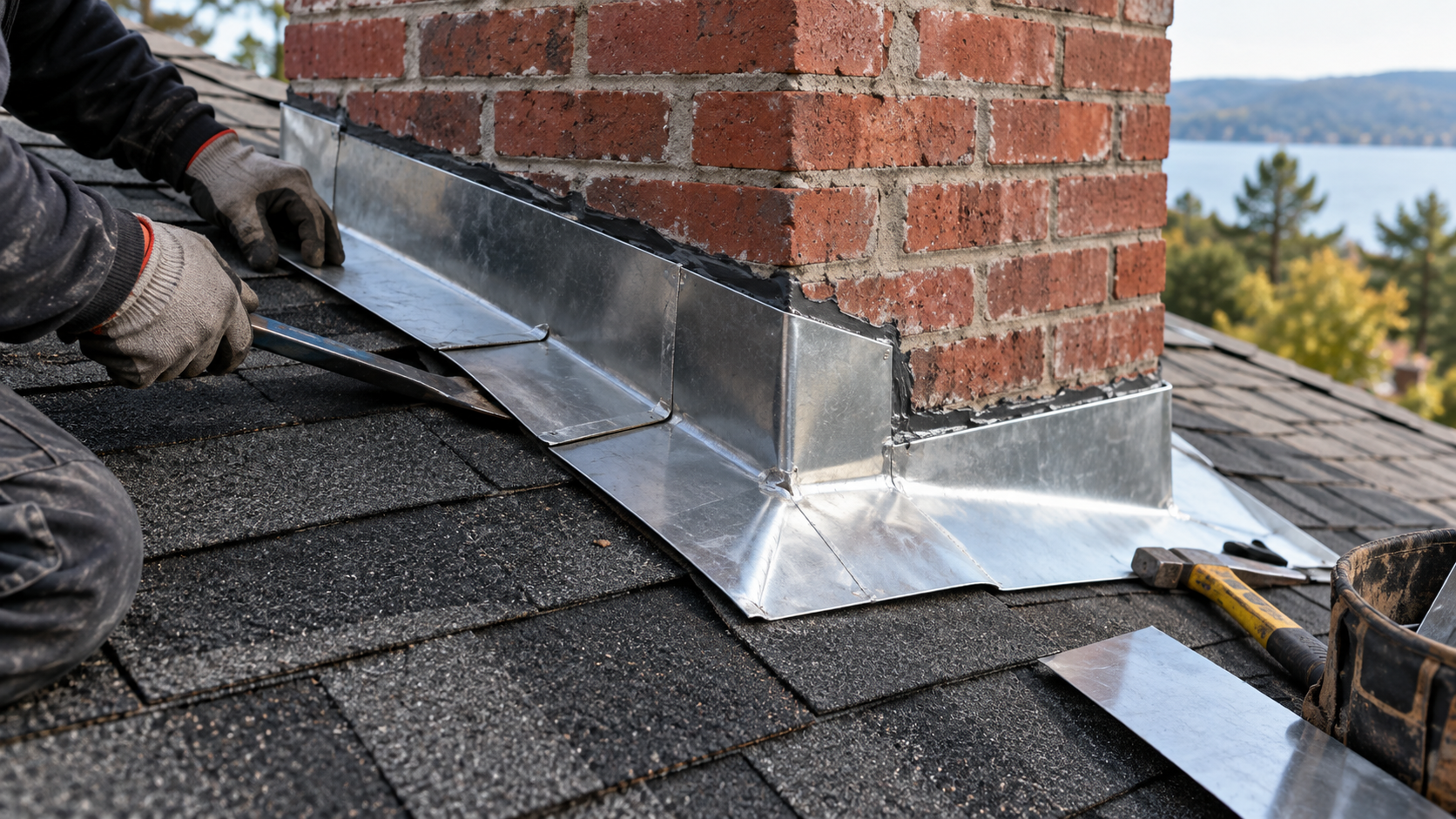 Roofer fitting new metal flashing where a brick chimney meets an asphalt shingle roof