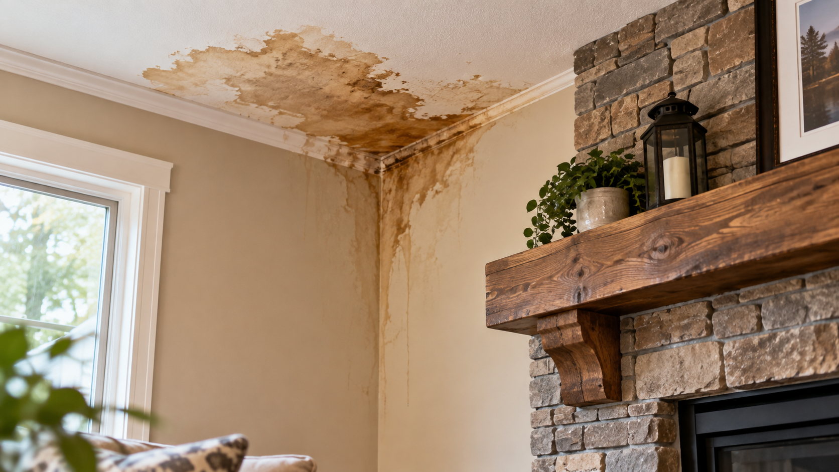 Brown water stain spreading across the ceiling above a stone fireplace