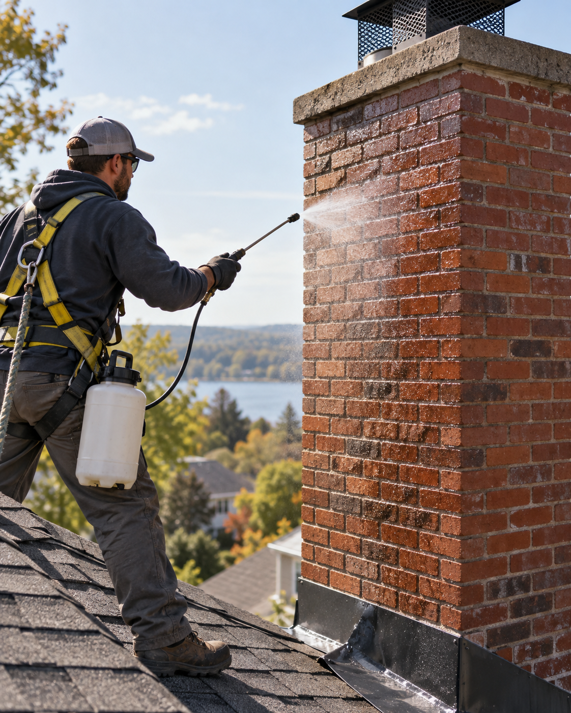 Technician in a safety harness spraying water repellent onto a brick chimney from the roof