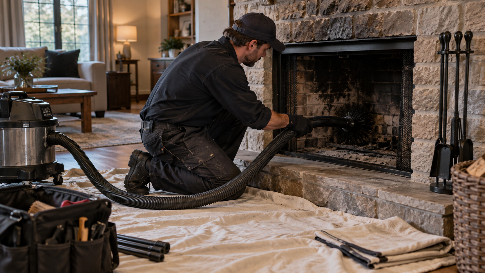 Chimney sweep technician cleaning a stone fireplace with a vacuum hose, drop cloths covering the living room floor