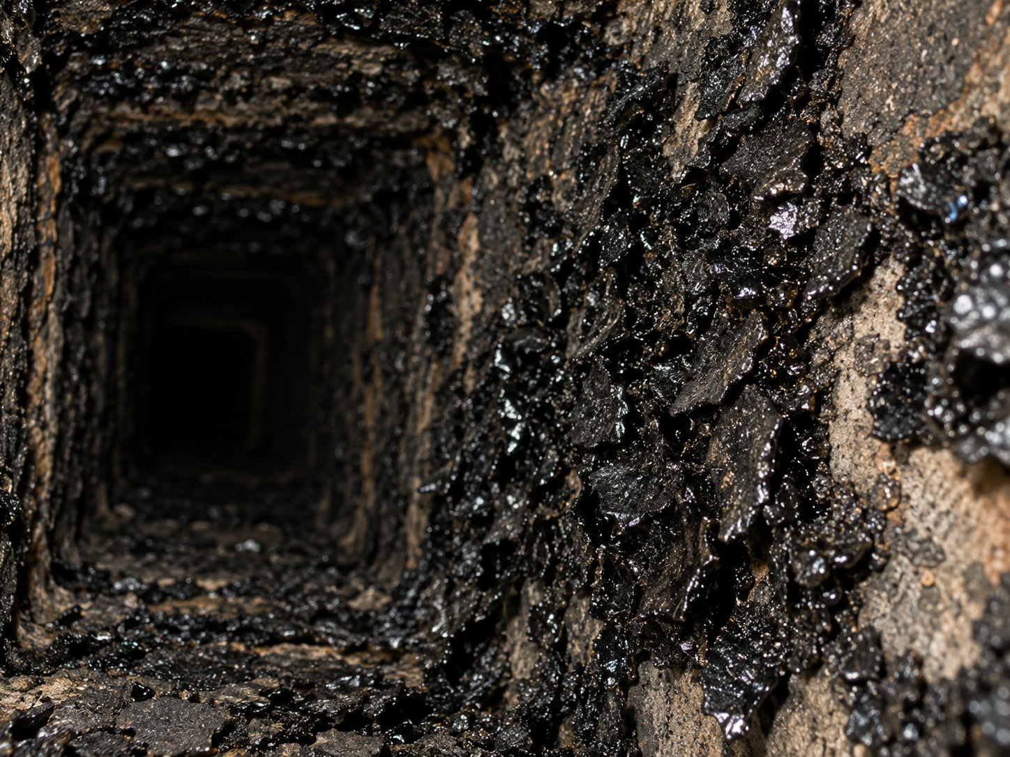 Crunchy black flakes of stage 2 creosote coating the inside of a chimney flue