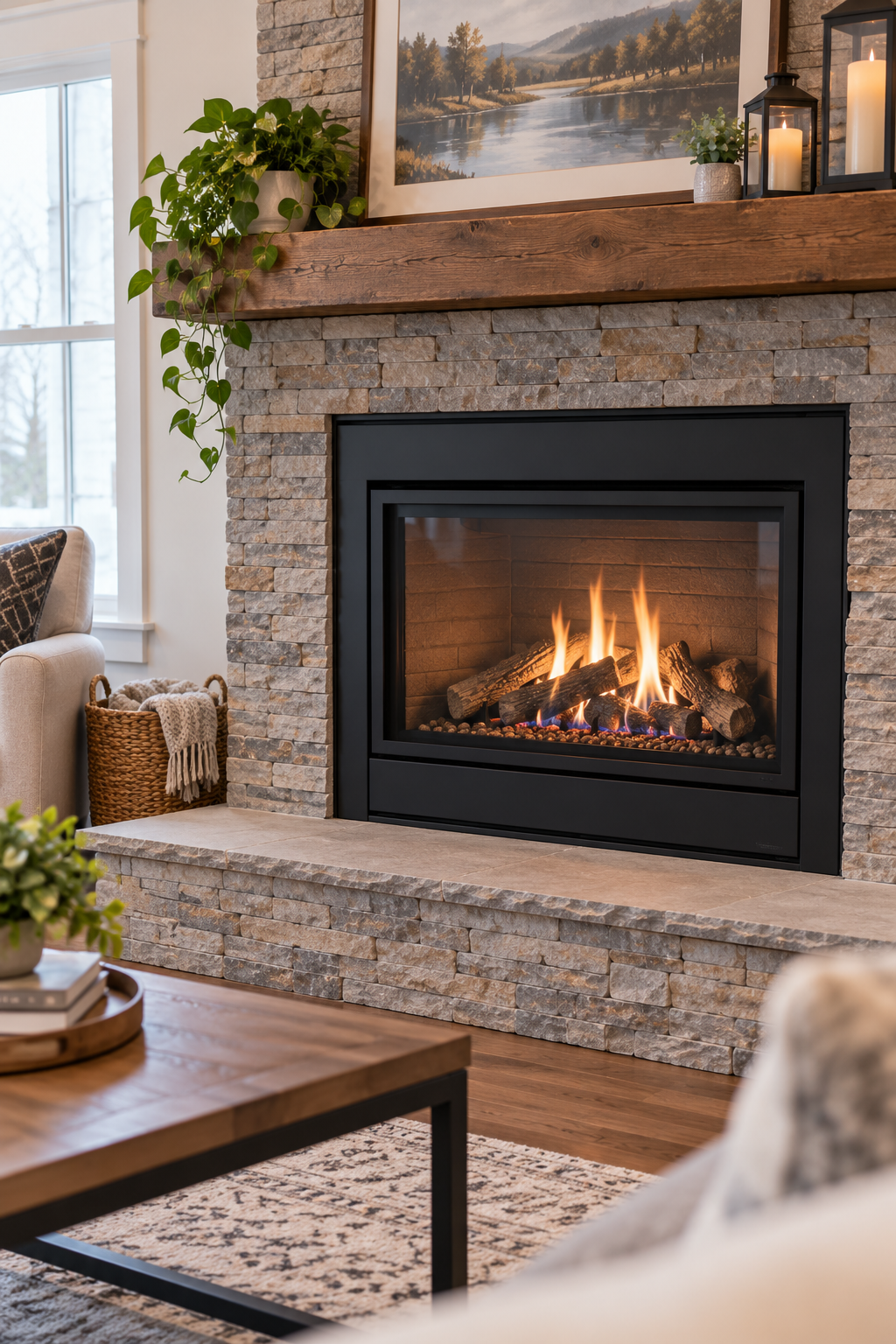Gas fireplace insert with a clean glass front set in a stone surround in a bright living room