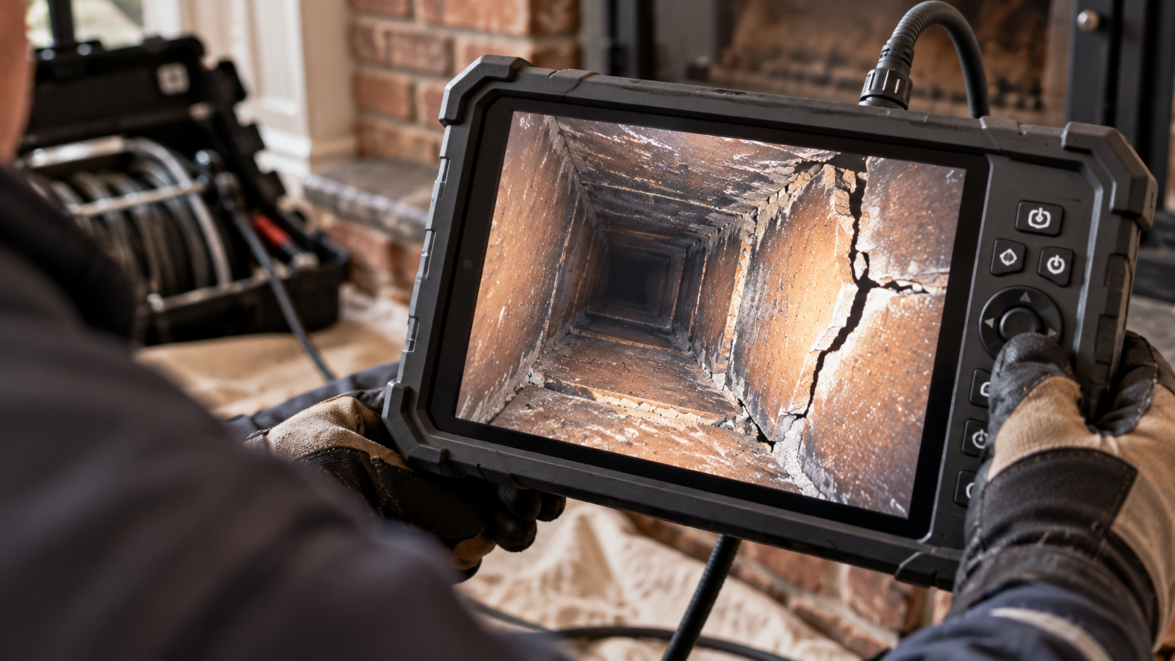 Chimney inspection camera monitor showing the inside of a flue liner with a visible crack