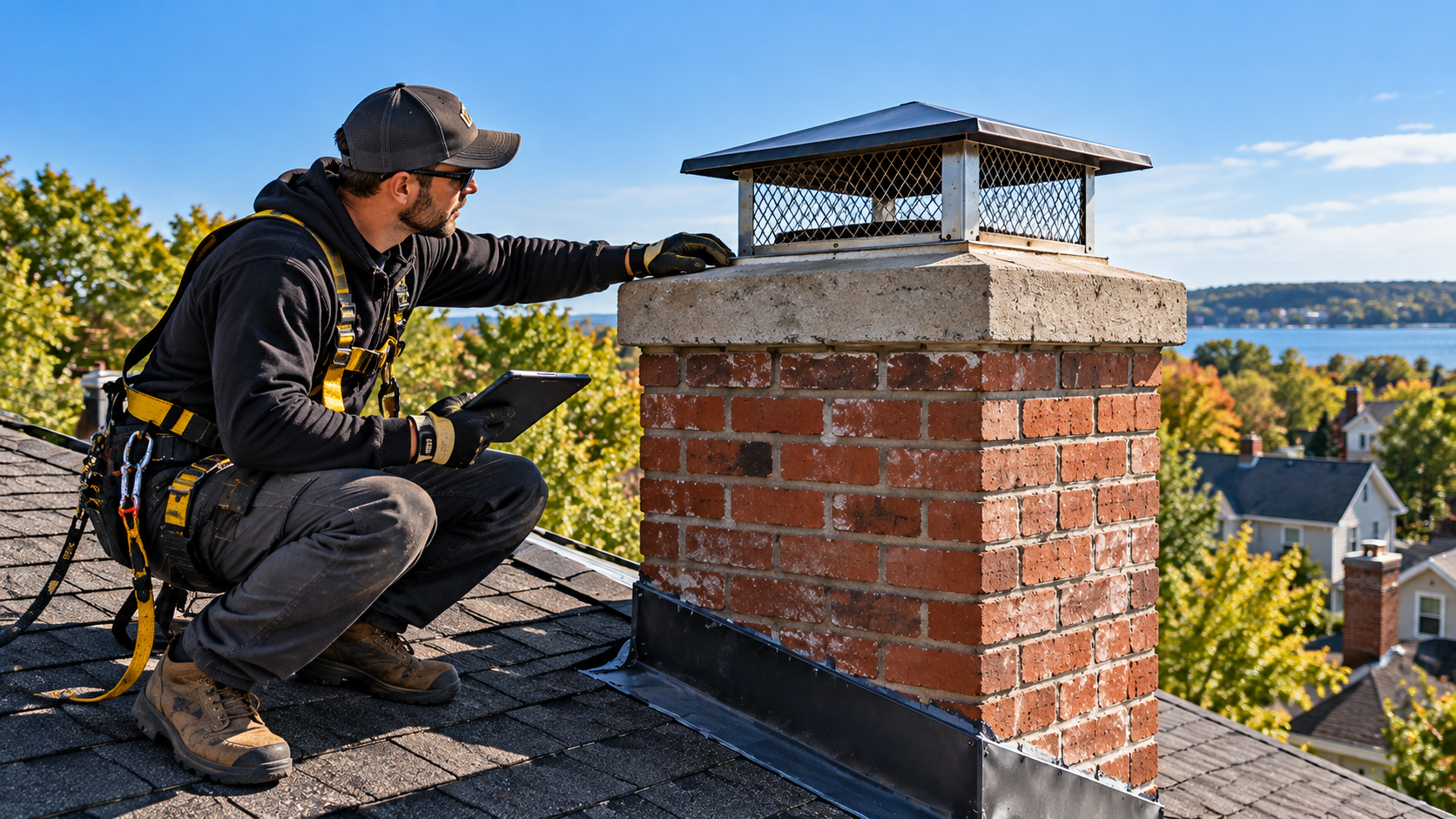 Chimney technician on a roof inspecting a brick chimney crown and cap with a tablet