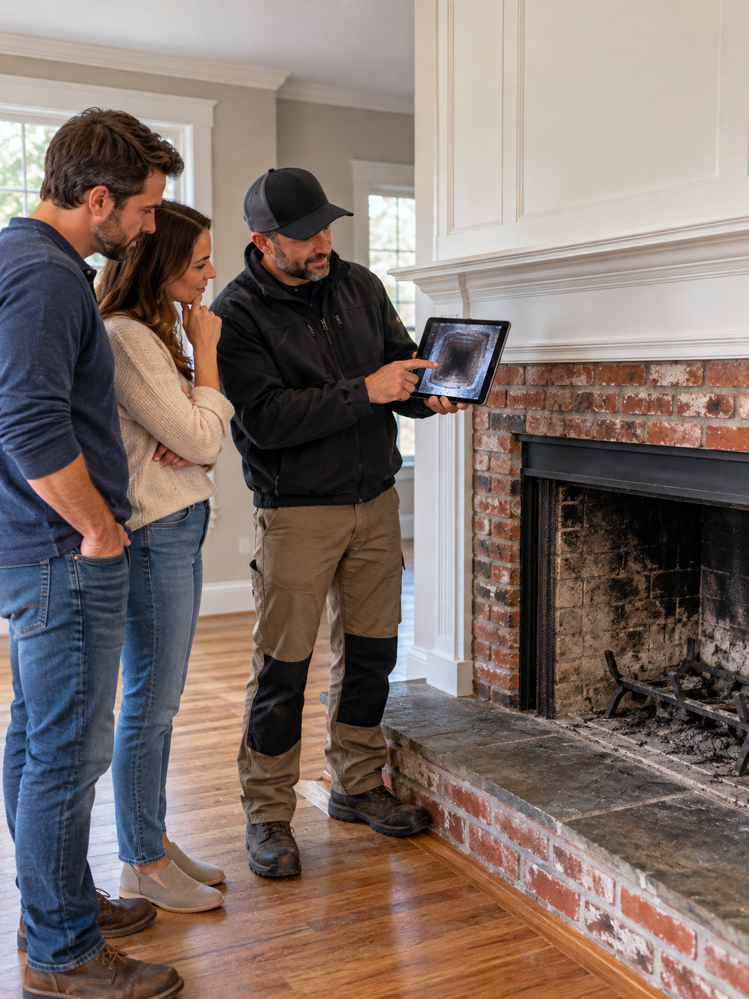 Home buyers reviewing chimney inspection photos on a tablet with a technician in front of a brick fireplace
