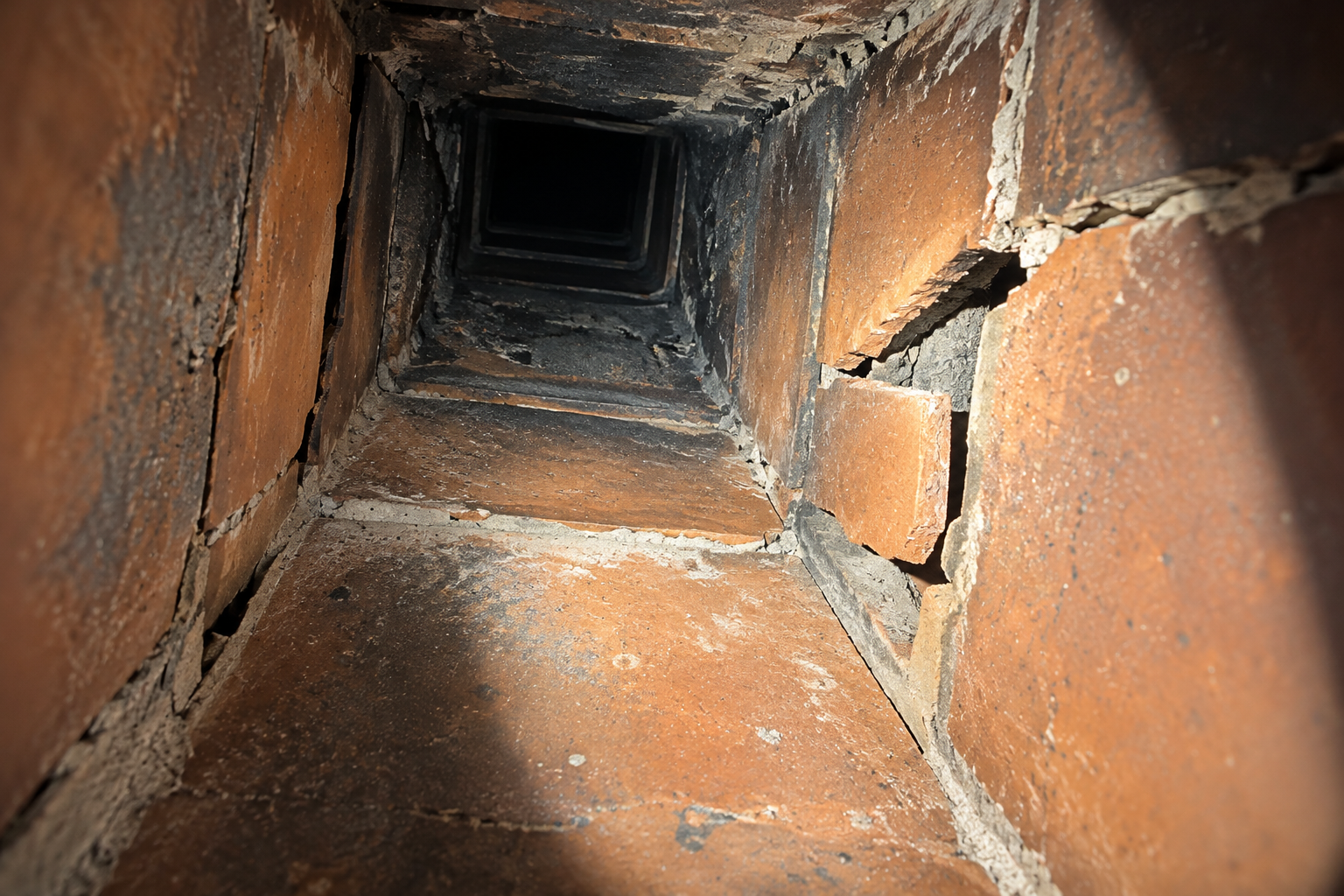 Flashlight view up a chimney flue showing cracked and separated clay tile liner joints
