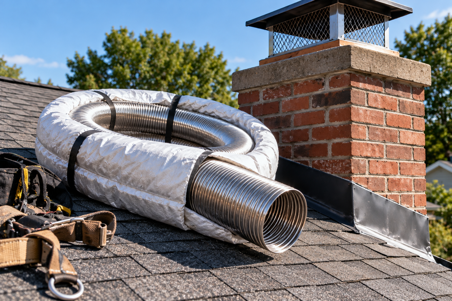 Coil of flexible stainless steel chimney liner on a shingle roof beside a brick chimney