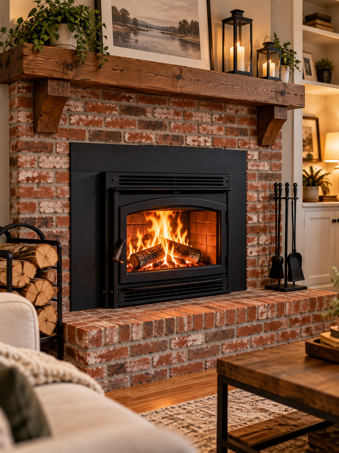 Wood stove insert burning in a brick fireplace in a warm living room