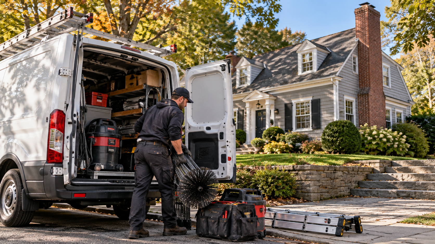 Full Spectrum Chimney Services technician unloading equipment from the van in front of a Natick home