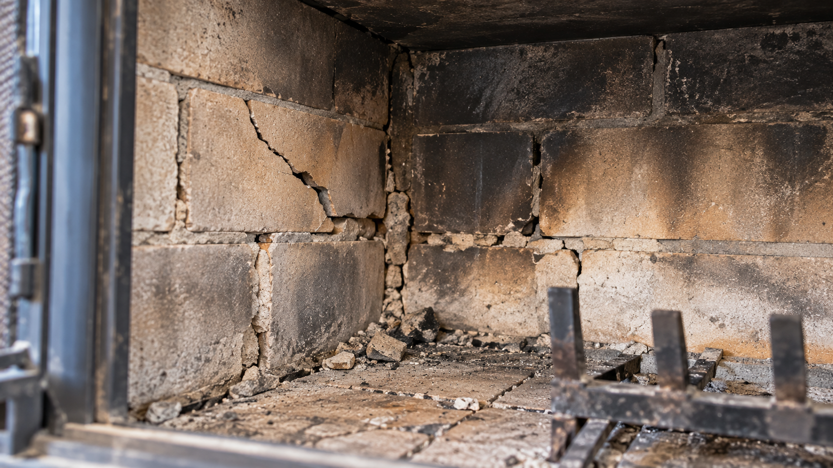 Inside of a fireplace firebox showing cracked firebrick and deteriorating mortar joints