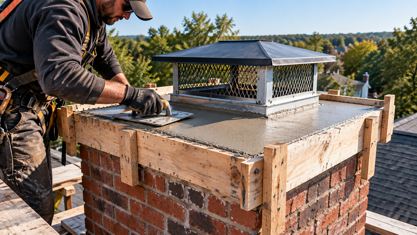 New concrete chimney crown being finished inside wooden forms on top of a brick chimney