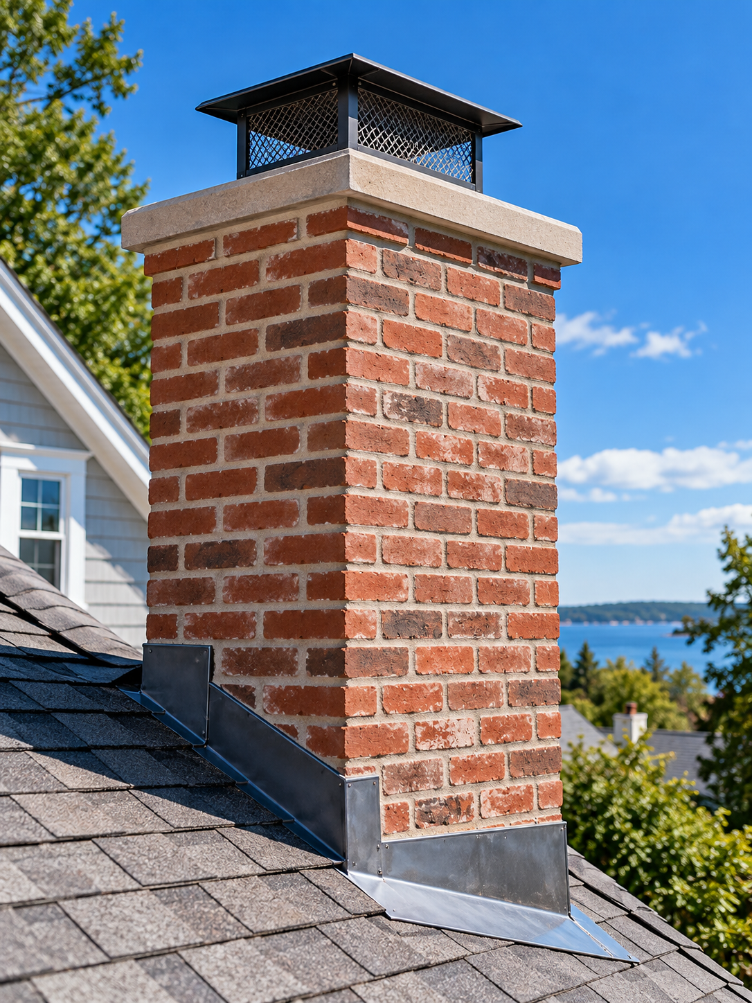 Freshly rebuilt red brick chimney with clean mortar joints, new crown and stainless cap against a blue sky
